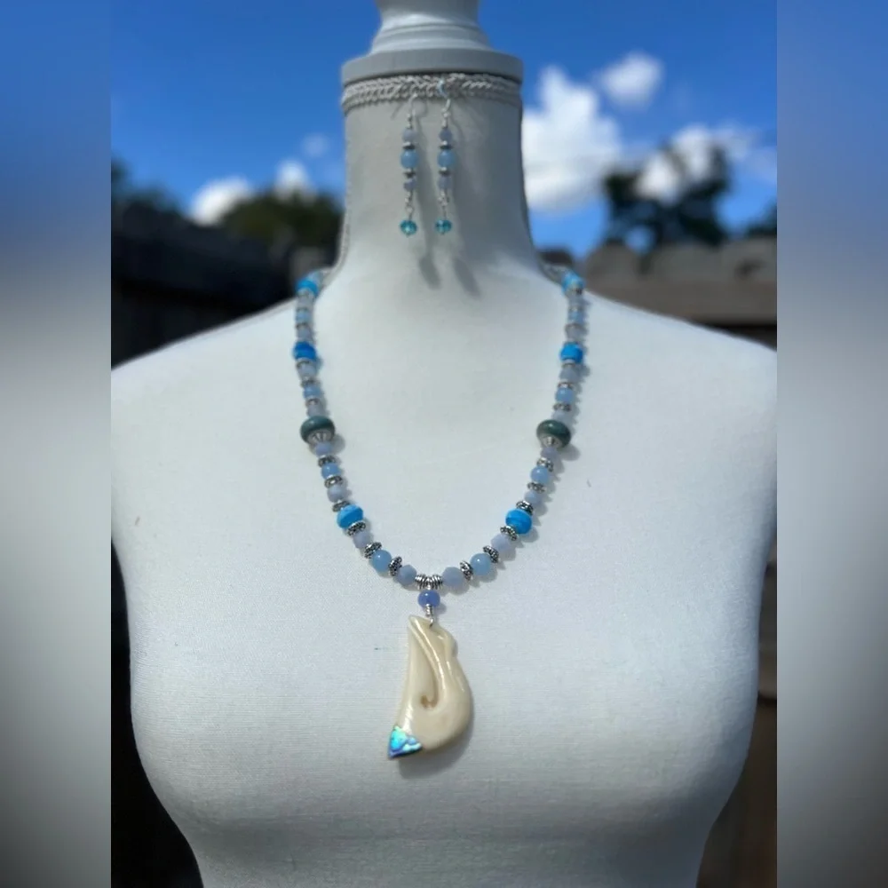 Aquamarine, Vintage Glass,‎ Vintage Māori Hook and Silver Necklace Set
